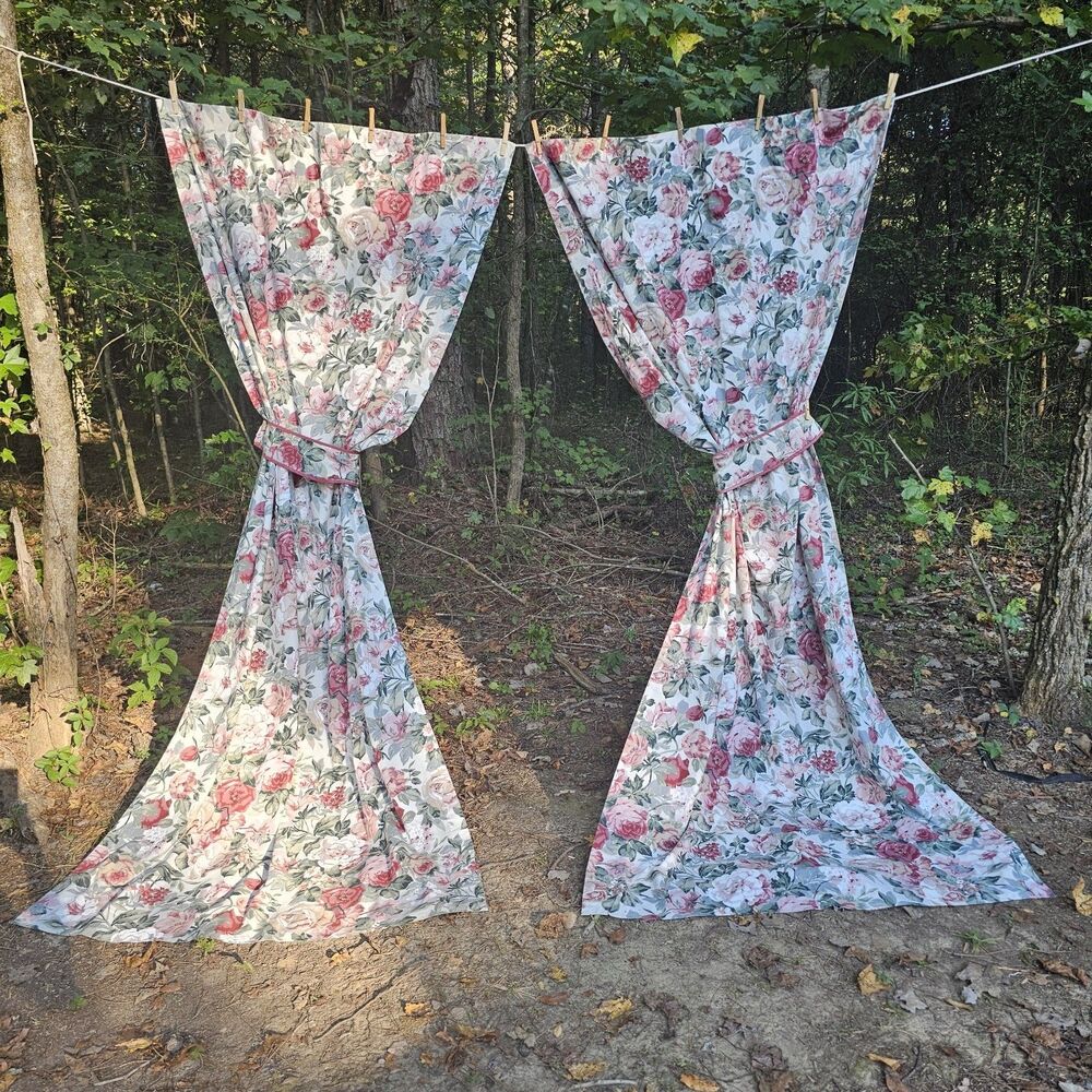 Vintage Rose Curtains Pink Red Floral Cottagecore Drapes Lined Panels Tiebacks